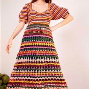 FARM Rio Puff Sleeve Crochet Midi Dress